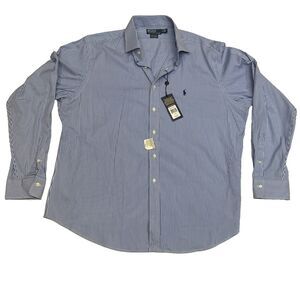Ralph Lauren Polo Long Sleeve Shirt Men’s Size 18.5/47 Blue Stripe Navy Pony NEW